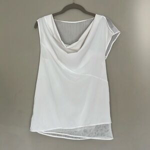 DKNYC white mesh cowl neck top asymmetrical seams, wear as coverup, edgy sexy